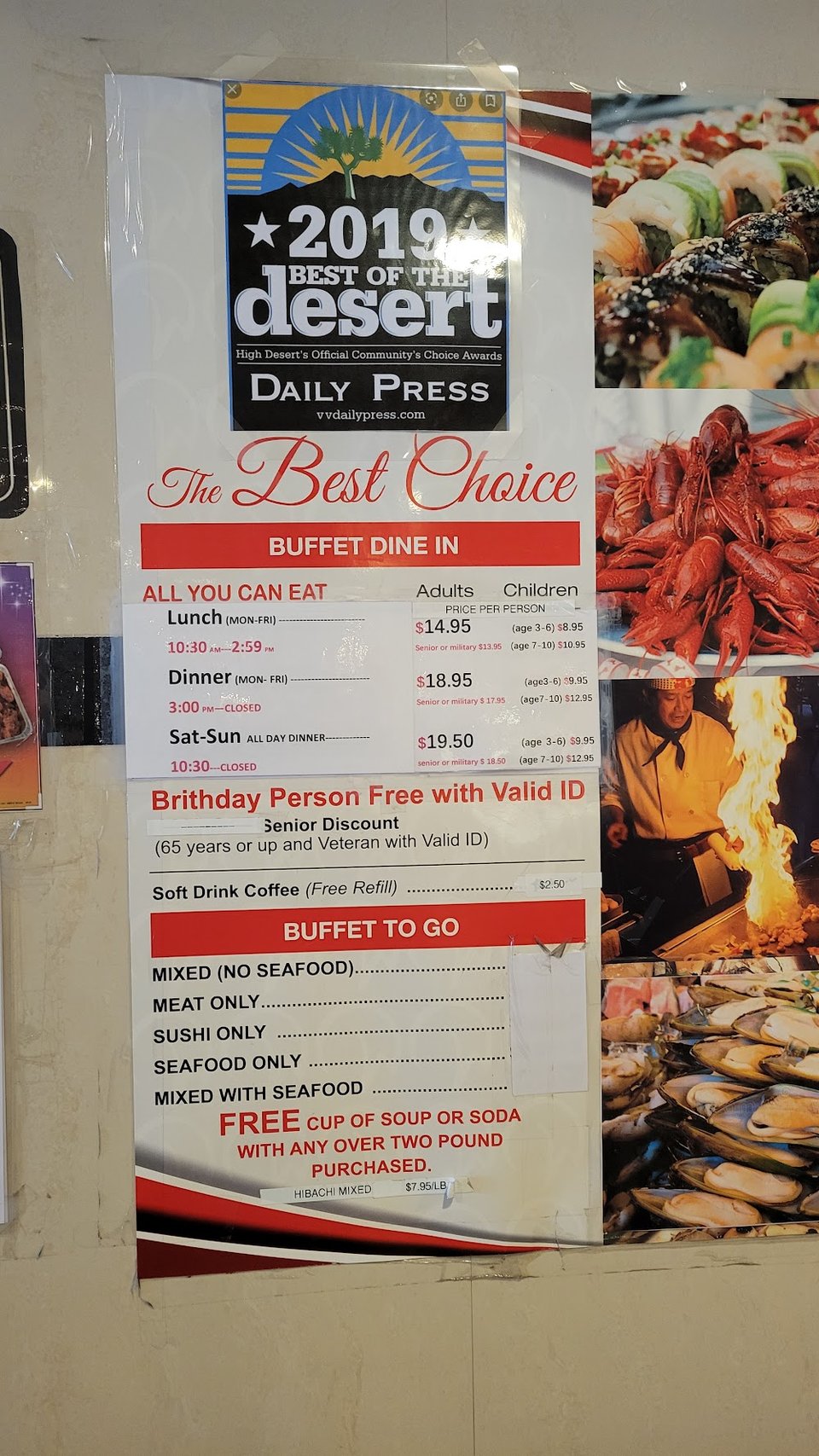 Menu board for buffet dine-in and takeout